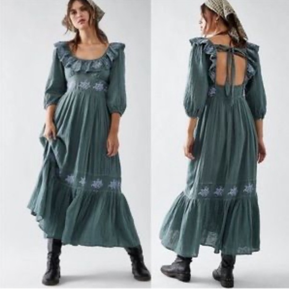 Free People Lovers Lane Maxi Dress Green Blue Embroidered Ruffle 3/4 Sleeve S - Picture 1 of 13